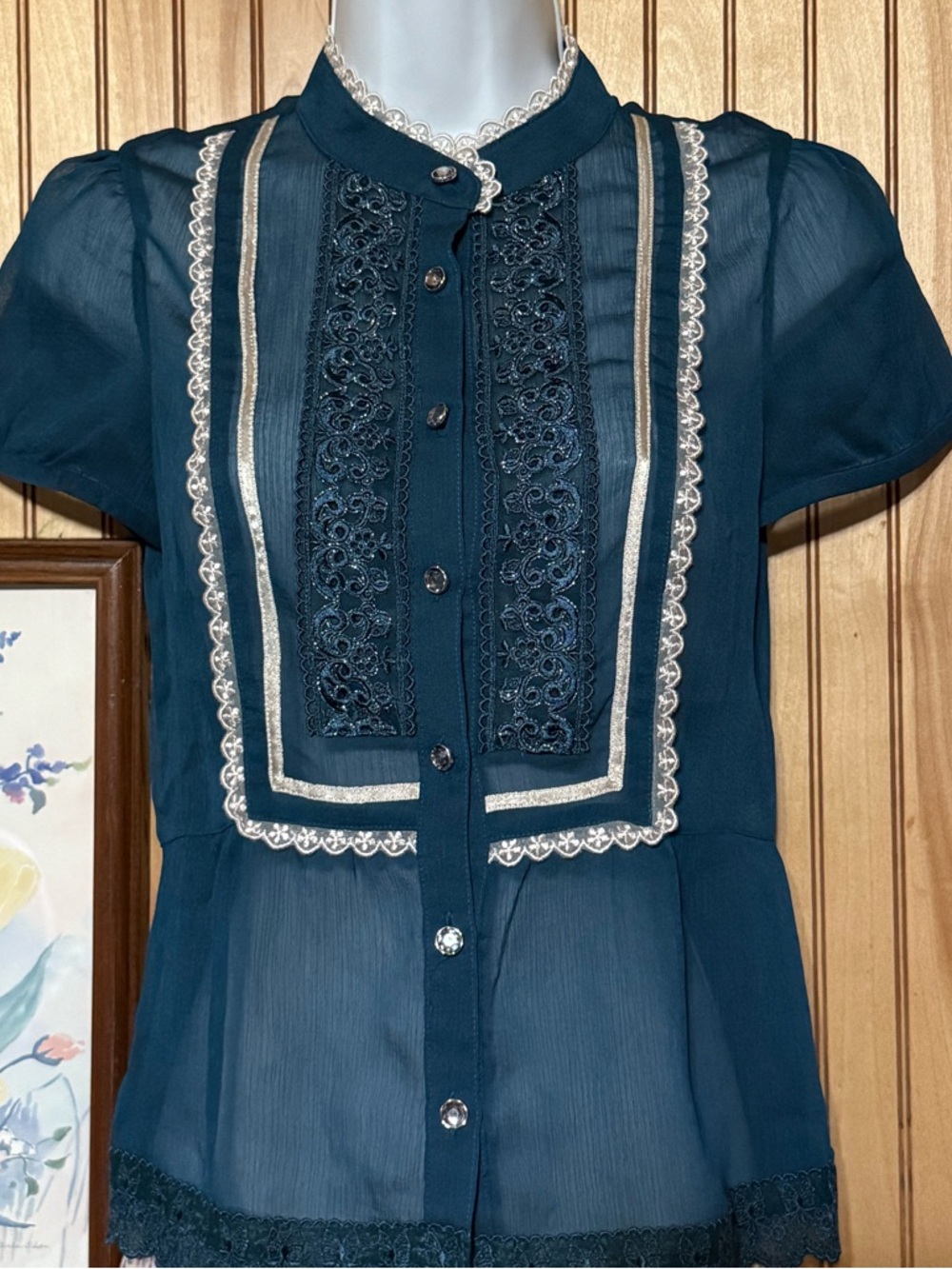 Victorian Teal Lace Bib Front Blouse •Size S• Sheer Chiffon Rhinestone Buttons - Picture 11 of 16